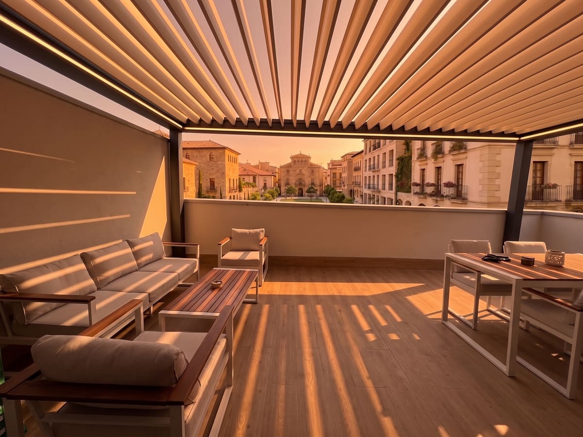 Pérgola bioclimática CERCA en la terraza de un ático, con vistas a la ciudad, a última hora de la tarde