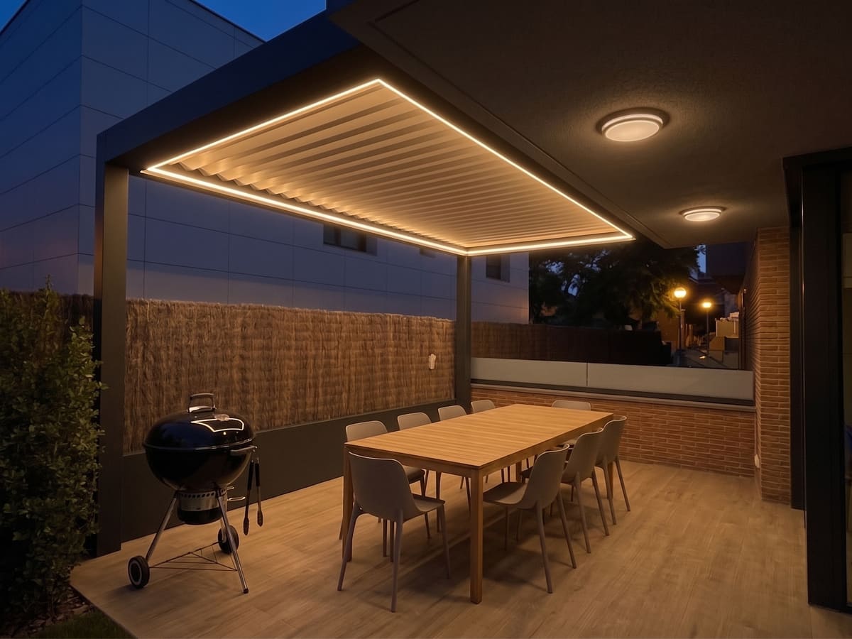 Pérgola bioclimática CERCA ampliando el porche existente de una vivienda, a última hora de la tarde