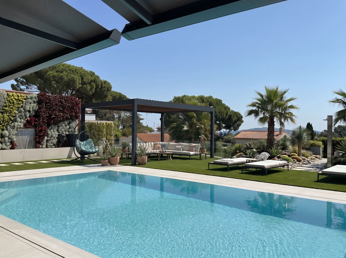 Pérgola bioclimática CERCA autoportante en un jardín junto a la piscina, a mediodía