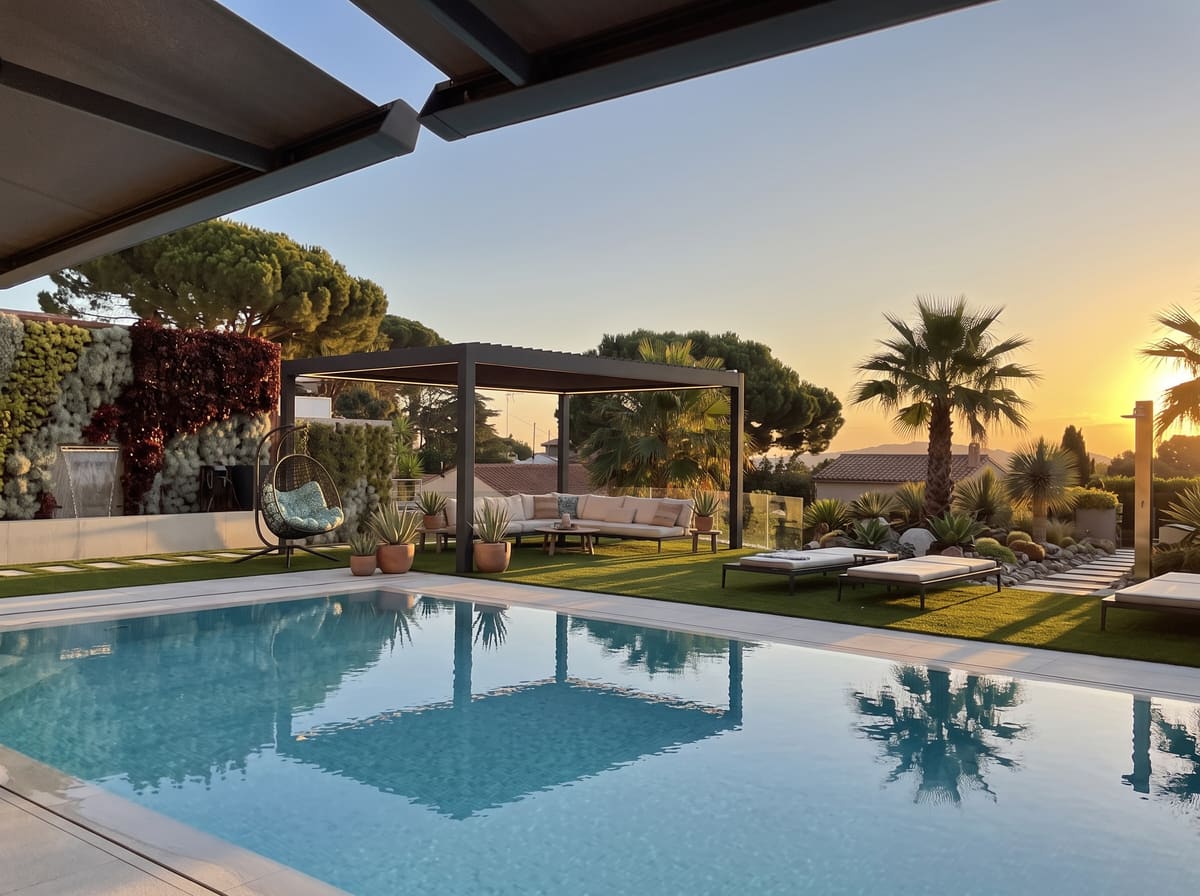 Pérgola bioclimática CERCA autoportante en un jardín junto a la piscina, a última hora de la tarde