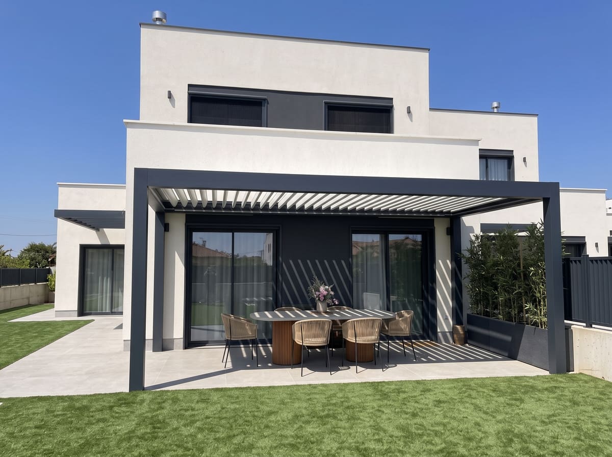 Pérgola bioclimática CERCA adosada a la fachada de una vivienda, funcionando como porche, a mediodía