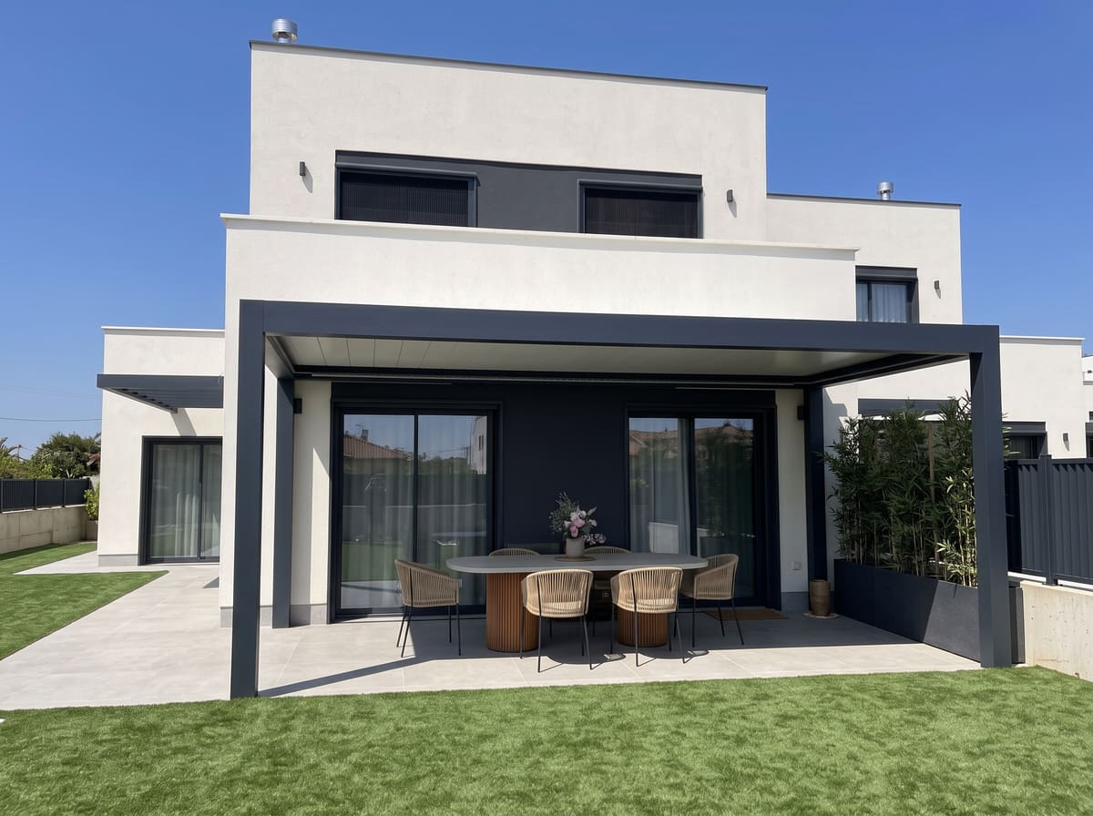 Pérgola bioclimática CERCA adosada a la fachada de una vivienda, funcionando como porche, a última hora de la tarde