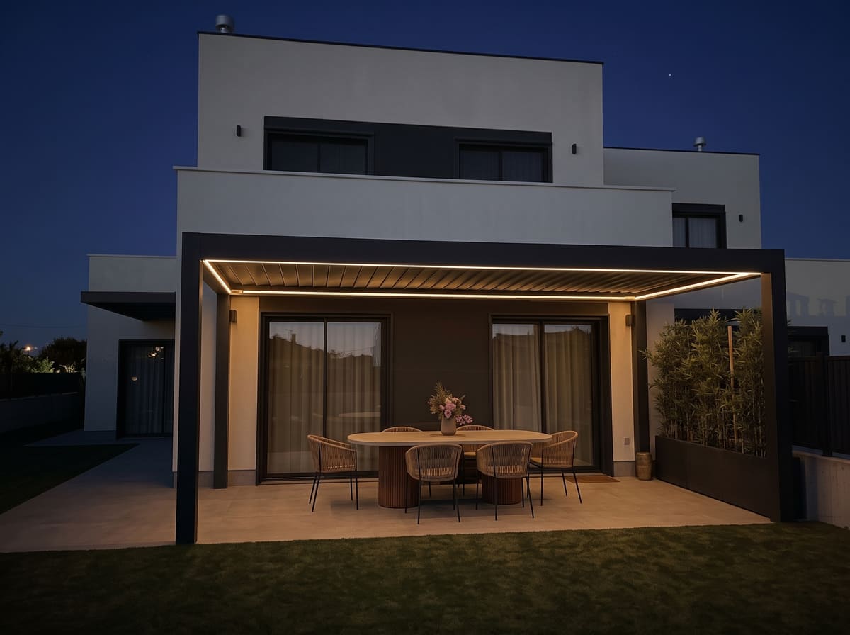 Pérgola bioclimática CERCA adosada a la fachada de una vivienda, funcionando como porche, de noche, con la iluminación LED encendida